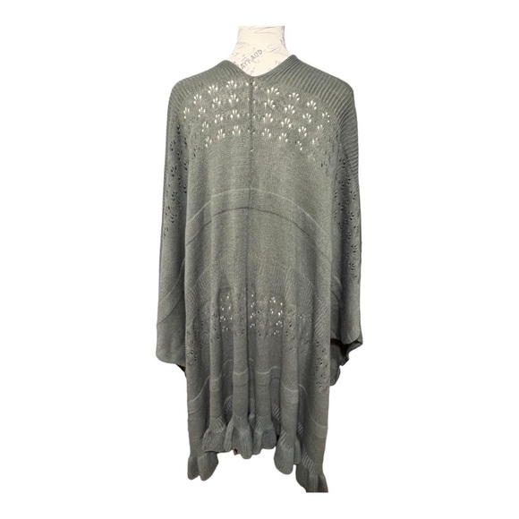 Tea Green Chunky Open Knit Ruffle Shawl Wrap Lagenlook Winter Layering Piece OS - Picture 7 of 15